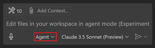 Screenshot that shows the Chat view, highlighting agent mode selected in the chat mode picker.
